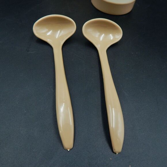 Vintage Tupperware 3 Cup Condiment Caddy Sheer Almond 758 733 Lids 2 Spoons - Picture 10 of 11